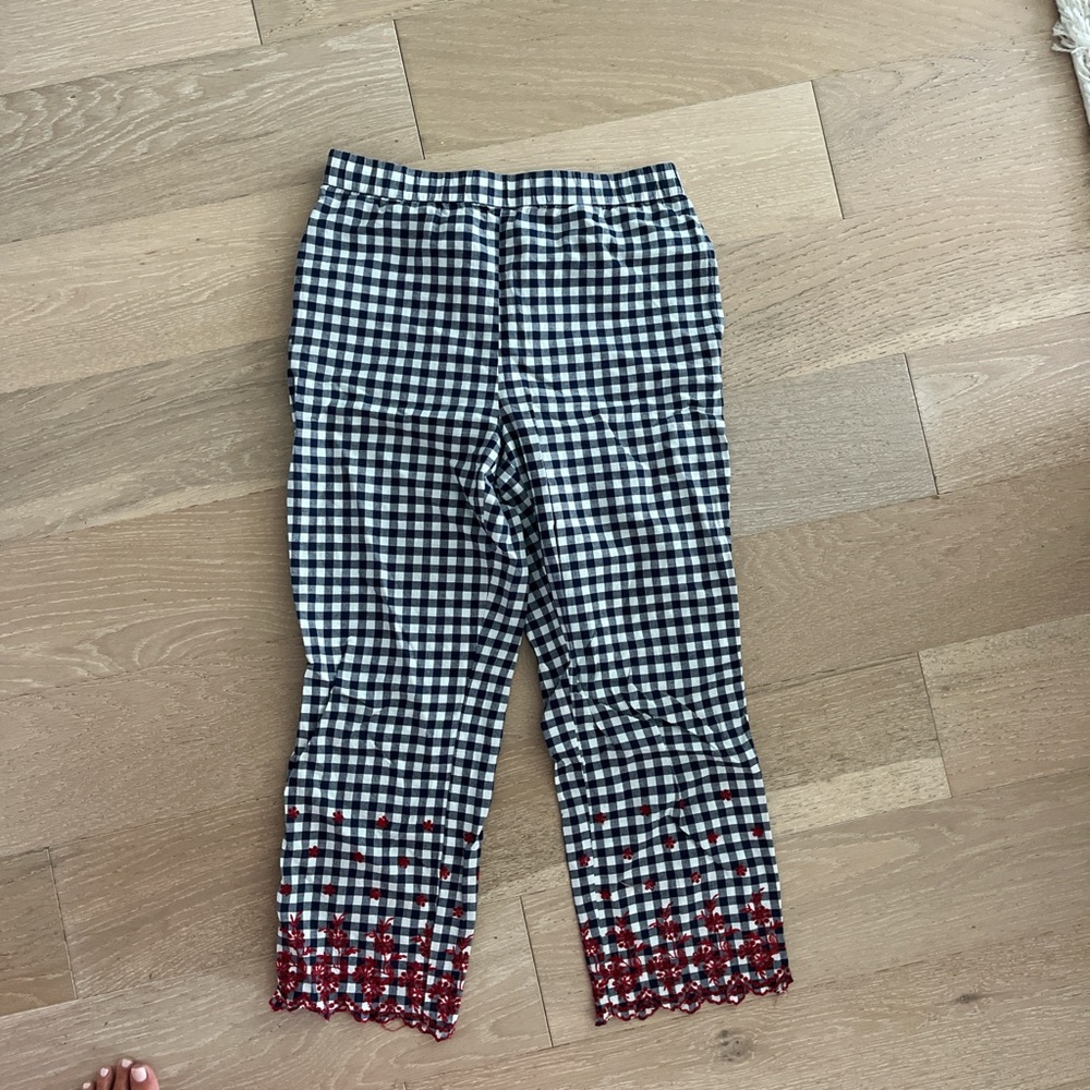 Gingham, blue and white capris with red detail
